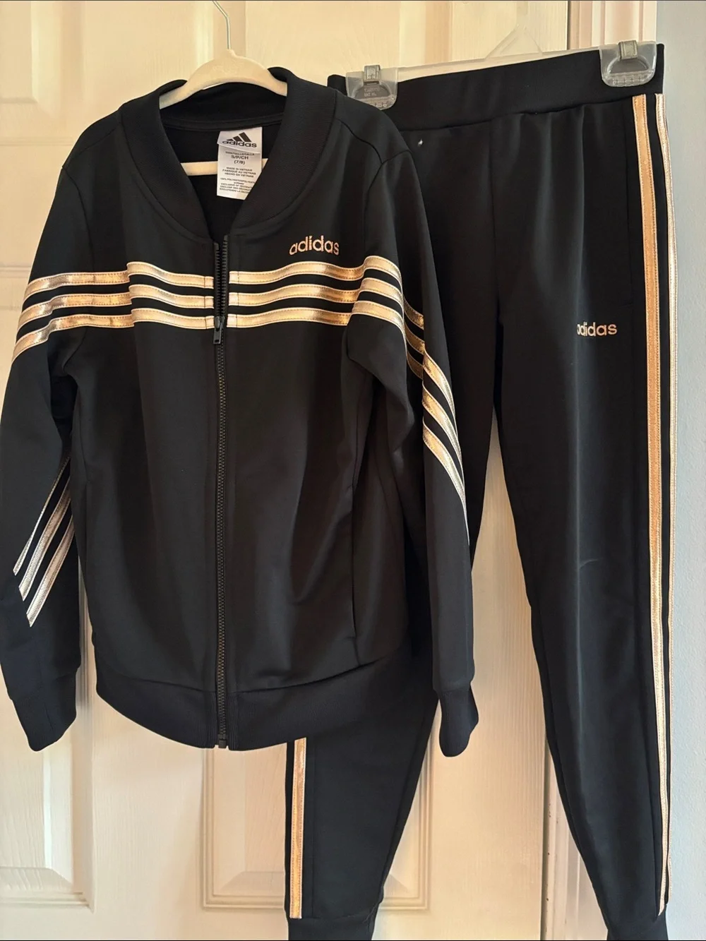 Adidas girls 7/8 Black Track Jacket and Pants Set with Metallic Gold Stripes